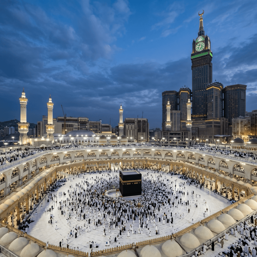 Die Grosse Moschee mit der Kaaba zur blauen Stunde am Abend in Mekka