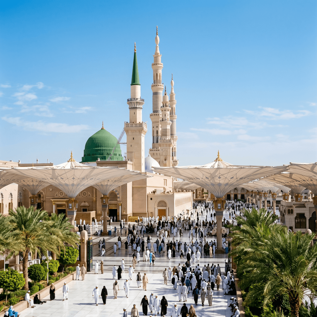 Die Prophetenmoschee mit grüner Kuppel in Medina an einem sonnigen Tag