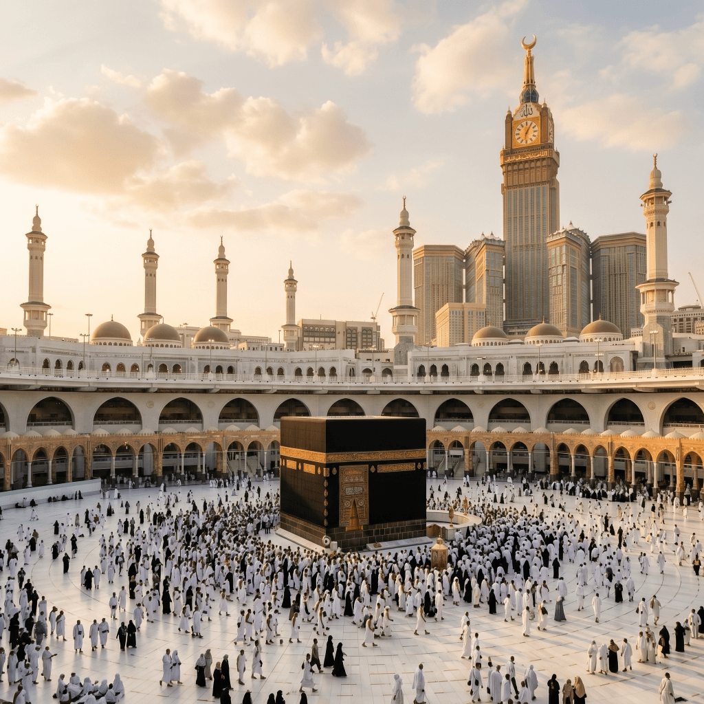 Die Kaaba in der Grossen Moschee im goldenen Abendlicht