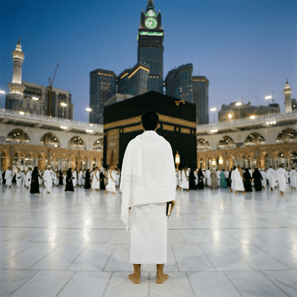 Einzelner Pilger im weissen Ihram vor der Kaaba in der Abenddämmerung