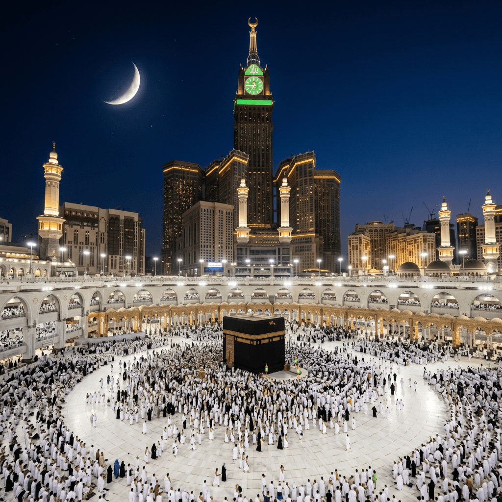 Die Kaaba bei Nacht mit Mondsichel über dem Clock Tower in Mekka