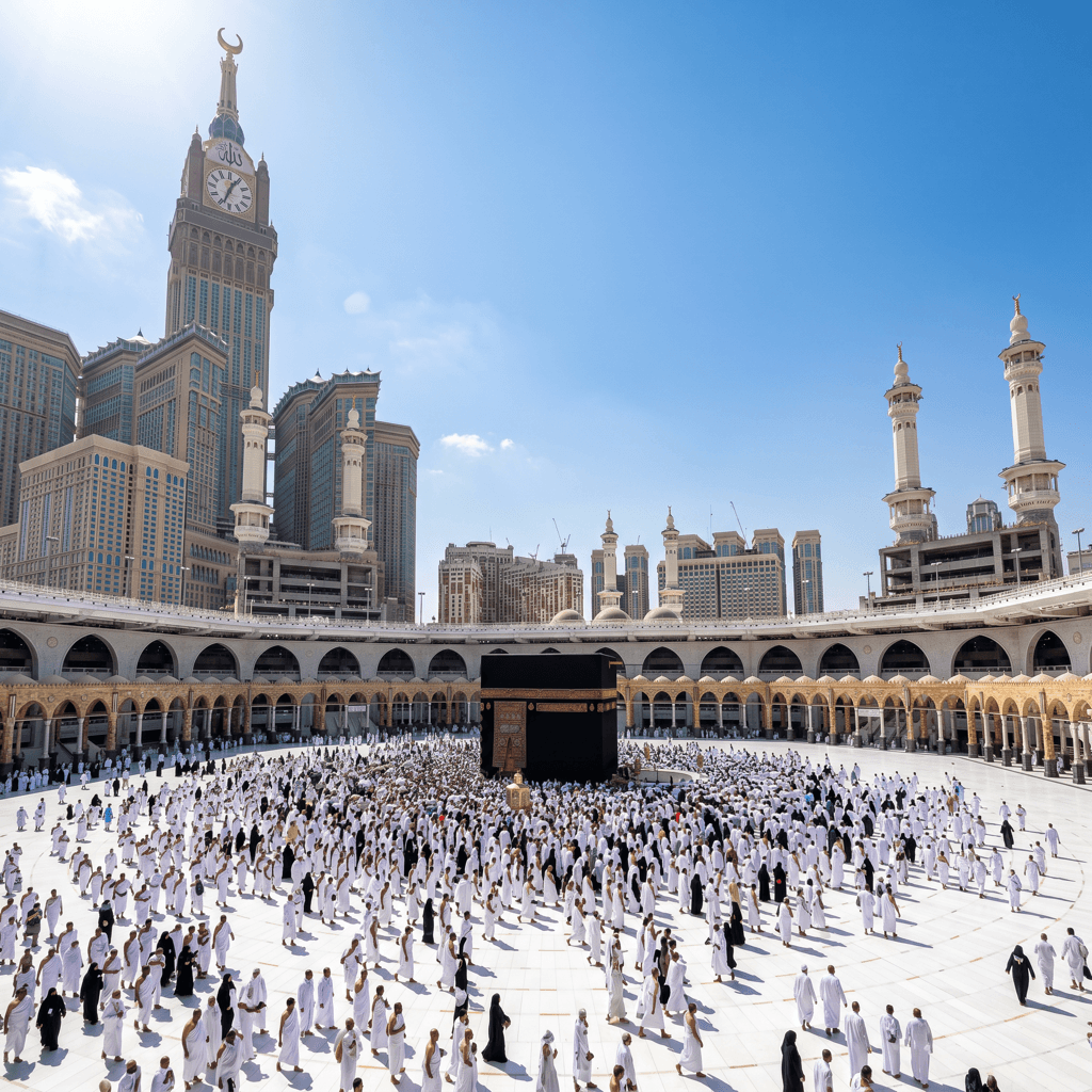 Die Grosse Moschee mit der Kaaba und dem Clock Tower bei Tageslicht in Mekka